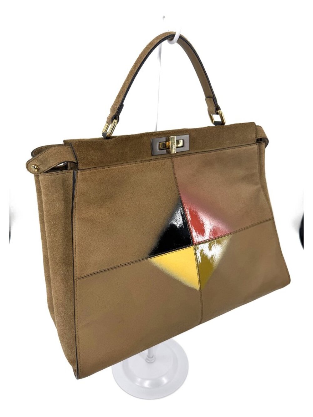 Fendi Peekaboo Large Suede Tan Geometric Color Block Silk Twill